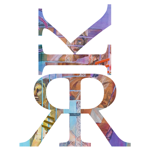 Logo for KR Ryder Art - KRR. Captial K on its side stacked on top of 2 capital Rs that are back to back. Letters are filled with an image of a painting done by the artist.