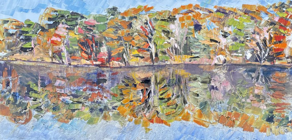 Painting of fall trees on the edge of a pond with a reflection