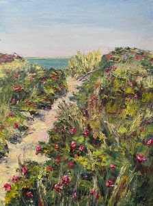 Painting of a dune pathway to the sea with beach roses in bloom