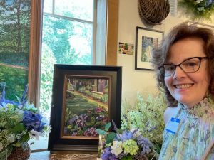 Me posing with my hydrangea garden painting at Harvest of Barnstable.